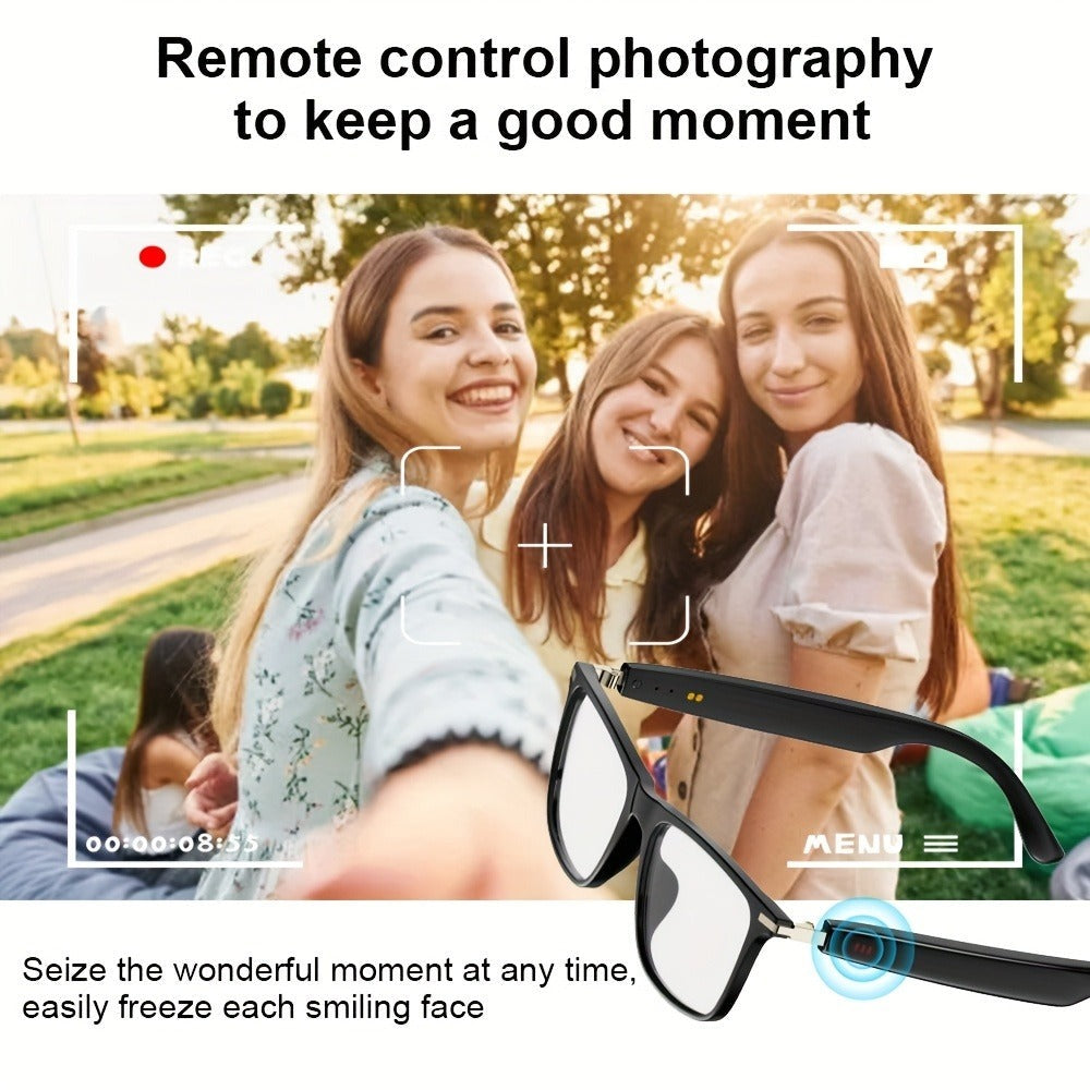 Gafas de Audio Inteligentes Multifuncionales con Altavoz Integrado y Tecnología Soundwave, Compatibles Con Llamadas Inalámbricas, Responder/Rechazar llamadas, Escuchar Música en las Gafas, Control por Foto, 85mAh*2 Batería Grande, Gran Autonomía, Diseño E