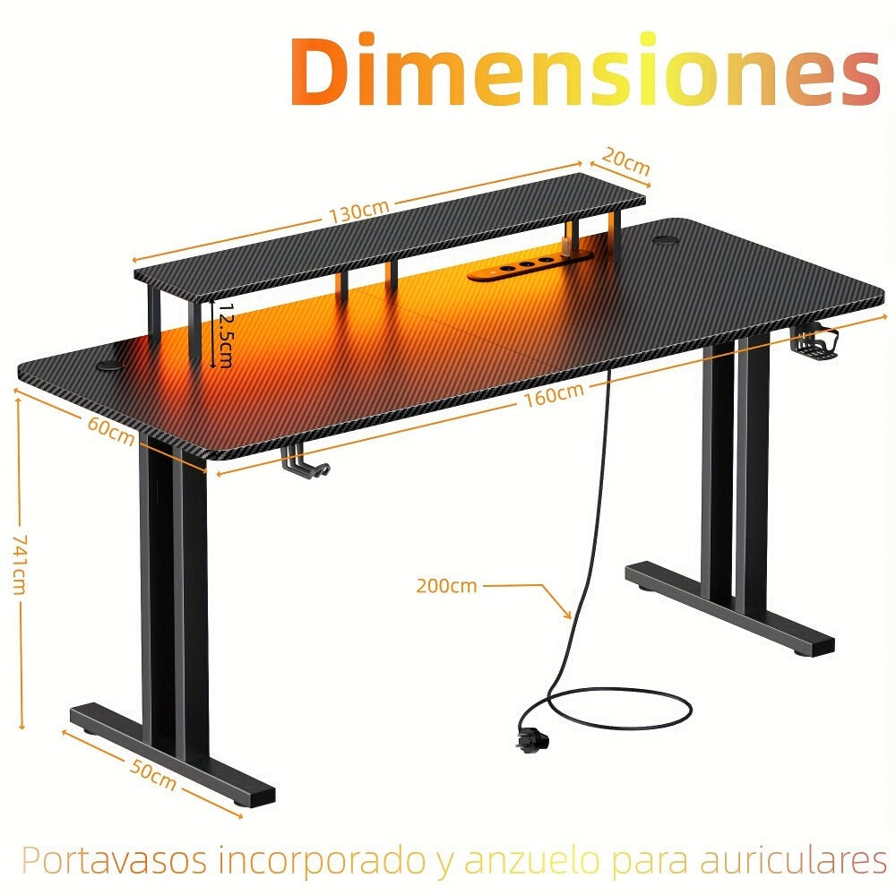 Escritorio LED con puertos de carga USB, escritorio para gaming con soporte para monitor, mesa de ordenador ergonómica con gancho para auriculares y alfombrilla de ratón, escritorio para gamer con superficie de fibra de carbono para dormitorio, , regalo d
