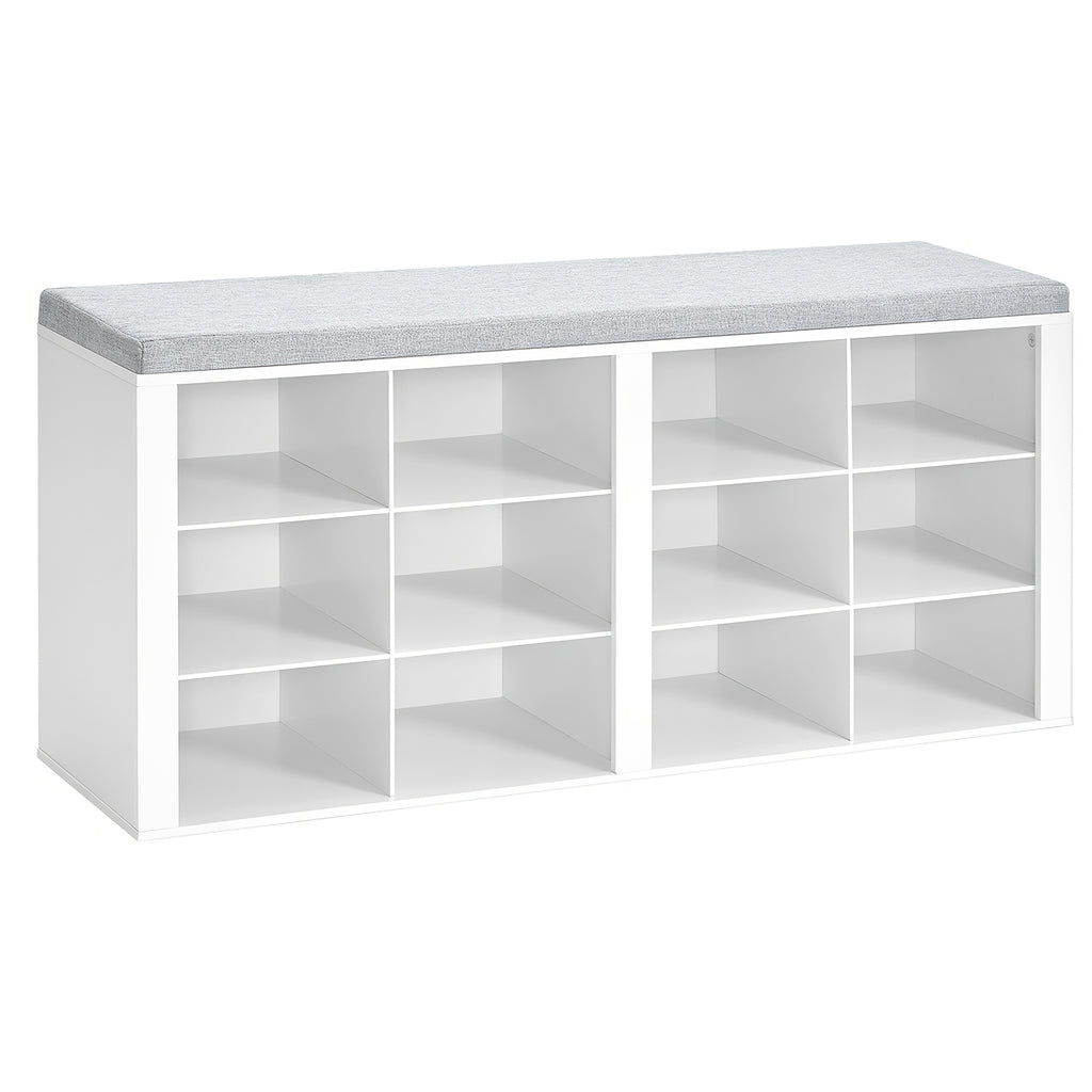Banco para Zapatos, Estante con Asiento, Banco con Almacenamiento, Cojín, 12 Compartimentos, para Sala, Pasillo, Dormitorio, Blanco-Gris