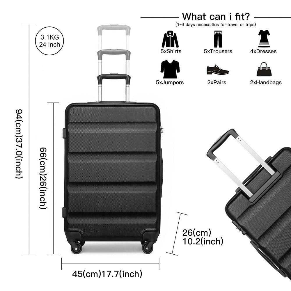3 piezas de conjunto de maleta negra Diseño horizontal ABS carcasa dura con cerradura TSA rueda giratoria