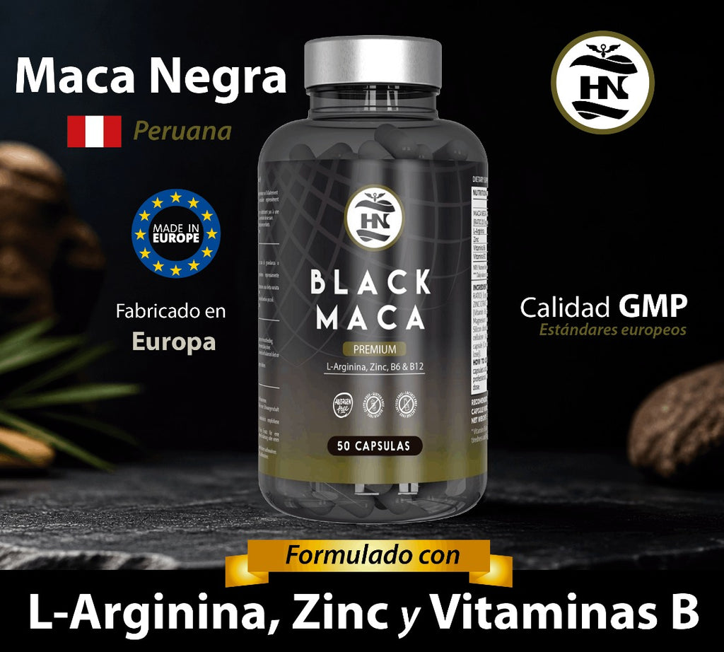 HN Maca Negra Andina en Cápsulas con Vitaminas B6, B12 y Zinc – Suplemento Alimenticio para Adultos, Formato de 50 Cápsulas Vegetales