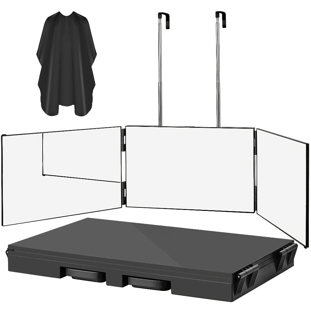 Espejo de tocador plegable de 3 secciones, vista ajustable de 360 grados, ganchos telescópicos, vidrio templado de 30X19 cm, marco de ABS, portátil y plegable para corte de pelo, peinado, afeitado