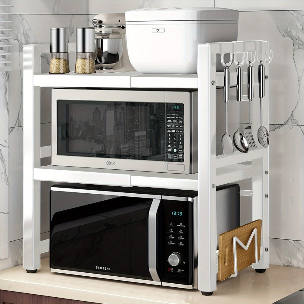 Estante de microondas resistente de 3 niveles ajustable, estante de almacenamiento horizontal para cocina, estante para guardar cubiertos, material de acero al carbono negro mate, equipado con 6 ganchos, artefacto de almacenamiento multifuncional de doble