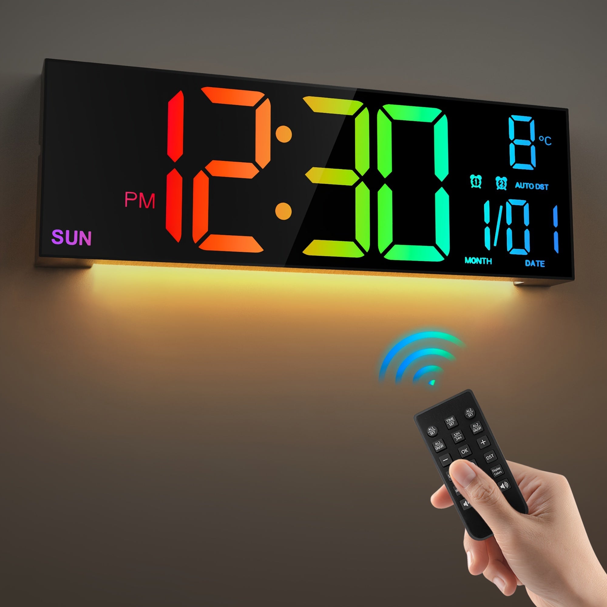 Reloj de pared digital grande de 41.91 cm con control remoto, LED grande/doble alarma/8 colores RGB/brillo automático/fecha/DST automático/temperatura/luz nocturna Relojes de gimnasio para decoración de pared de sala de estar, dormitorio y oficina