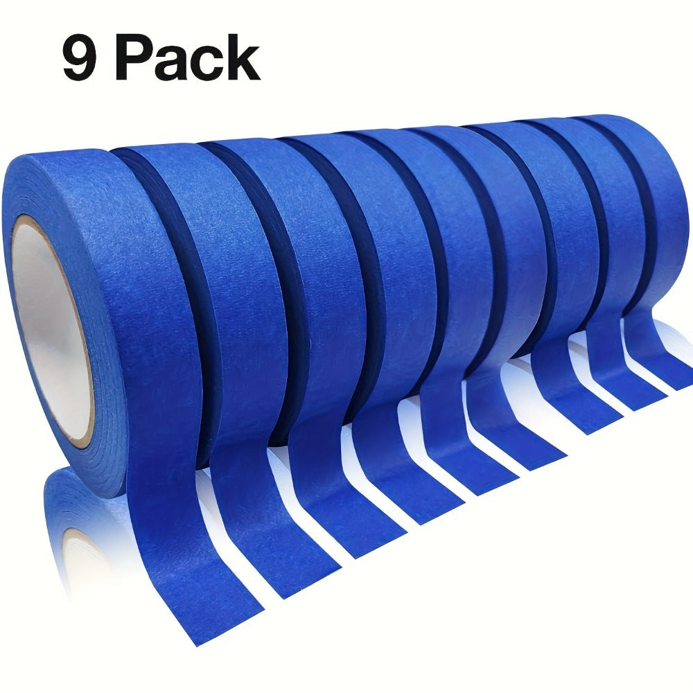 Paquete de 9 cintas adhesivas de alta calidad con diseño azul y respaldo fuerte, cada una mide 2.39 cm x 19.81 metros (total de 179.83 metros). Ideal para hogar, oficina, escuela, manualidades, etiquetado y proyectos de pintura. Elección perfecta para bor