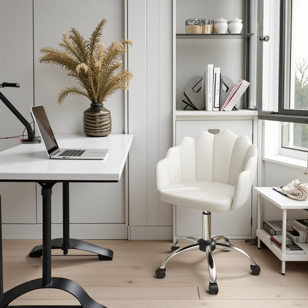 1 Silla de oficina para el hogar, Silla de escritorio, Silla de maquillaje, Silla de terciopelo con respaldo en forma de pétalo - Cómoda y hermosa, Silla giratoria con ruedas, Altura de silla ajustable, Base de metal, Fácil de montar