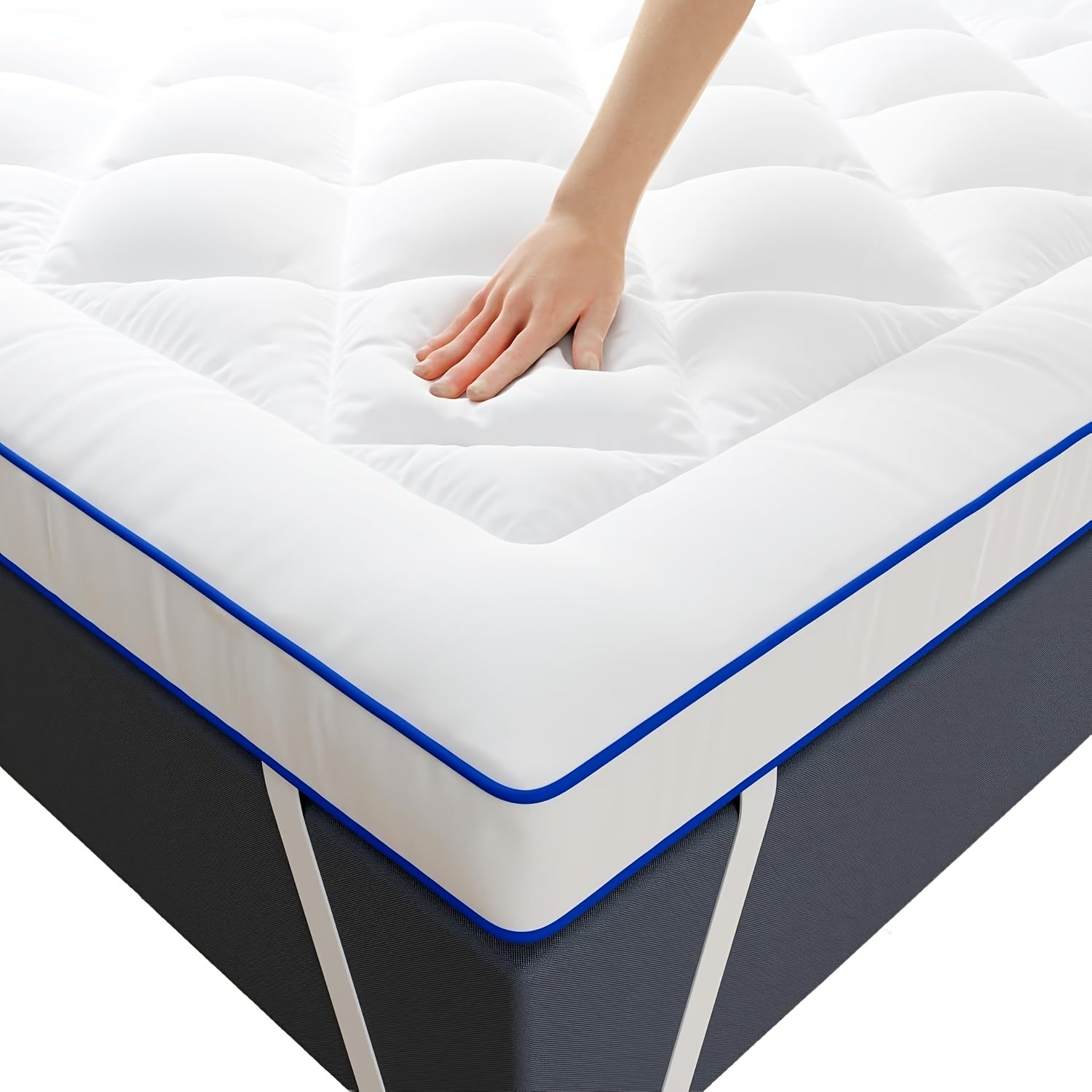 Colchón Topper Delgado de Calidad Hotelera de Lujo con Bandas Elásticas en las Esquinas, Tela Transpirable, Relleno de Poliéster 1000GSM, Cómodo y Cálido, Lavable a Máquina, Blanco, Diseño Acolchado en Cuadros Diamante, Tamaño Completo, Diseño de Caja