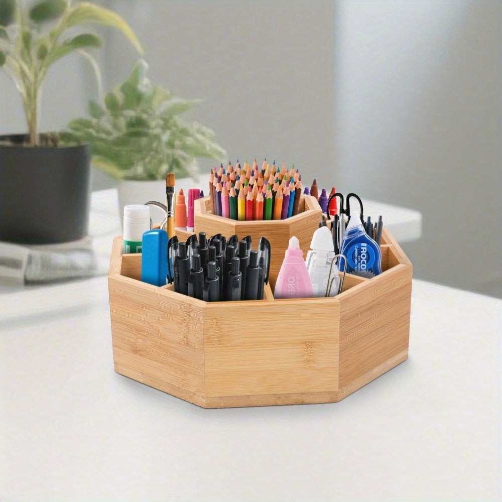Organizador Giratorio Grande de Bambú con Base Giratoria de 360° y 8 Compartimentos - Capacidad para Más de 300 Bolígrafos, Lápices, Marcadores, Pinceles - Bambú Resistente con Divisor Extraíble para Artistas, Estudiantes, Oficina - Organizador Ahorrador