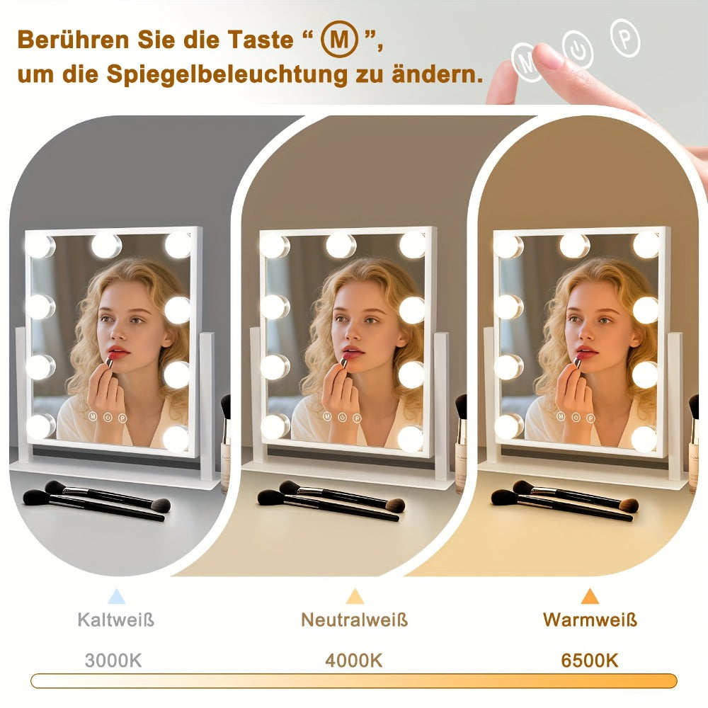 Espejo de maquillaje Hollywood con iluminación - Espejo de tocador con 14 luces LED, puerto USB, espejo cosmético de 50x40 cm - Espejo de tocador táctil regulable con 3 modos