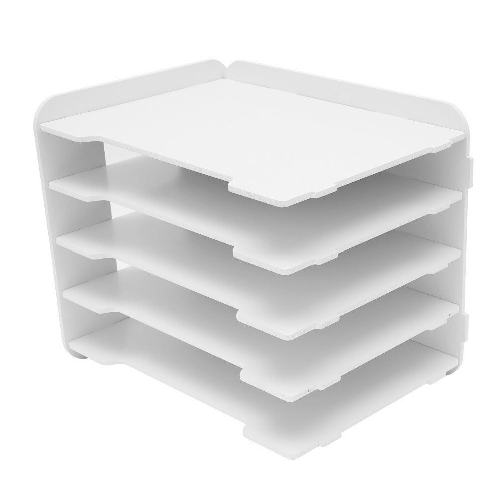 Organizador de bandeja de letras con 5 compartimentos de almacenamiento, bandeja de letras blanca, organizador de papel A4 para escritorio de oficina, bandejas de escritorio blancas con compartimentos, bandejas de papel apilables con construcción de espig