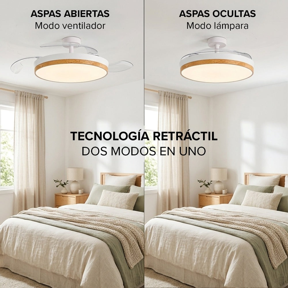 Ventilador de Techo con Luz LED Aspas Retráctiles, SPTO-2, 3 Tonalidades, Control Remoto, 6 Velocidades, Motor DC Silencioso, Temporizador, Sin WiFi