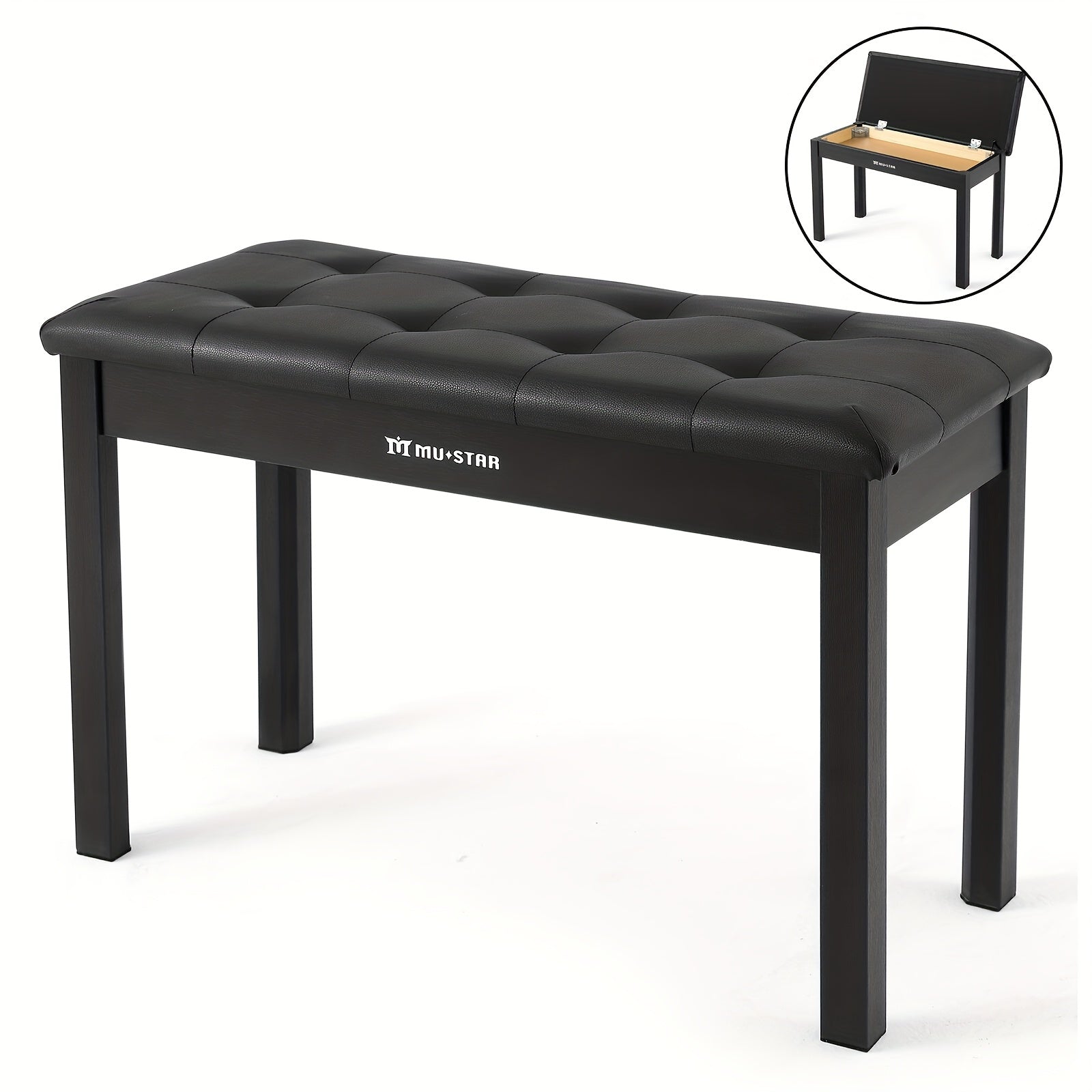 Banqueta para Piano MUSTAR de 74 cm con Almacenamiento - Taburete de Madera Maciza, Tapizado en Piel Sintética Suave y Compartimento Abatible para Teclados Digitales, Decoración del Hogar, Banqueta de Tocador -