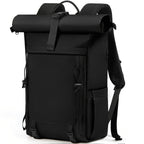 RAINSMORE Mochila Rolltop para Mujeres y Hombres, Mochila Portátil 43.18 cm, Gran Mochila de Viaje, Mochila de Senderismo Negra, Talla L