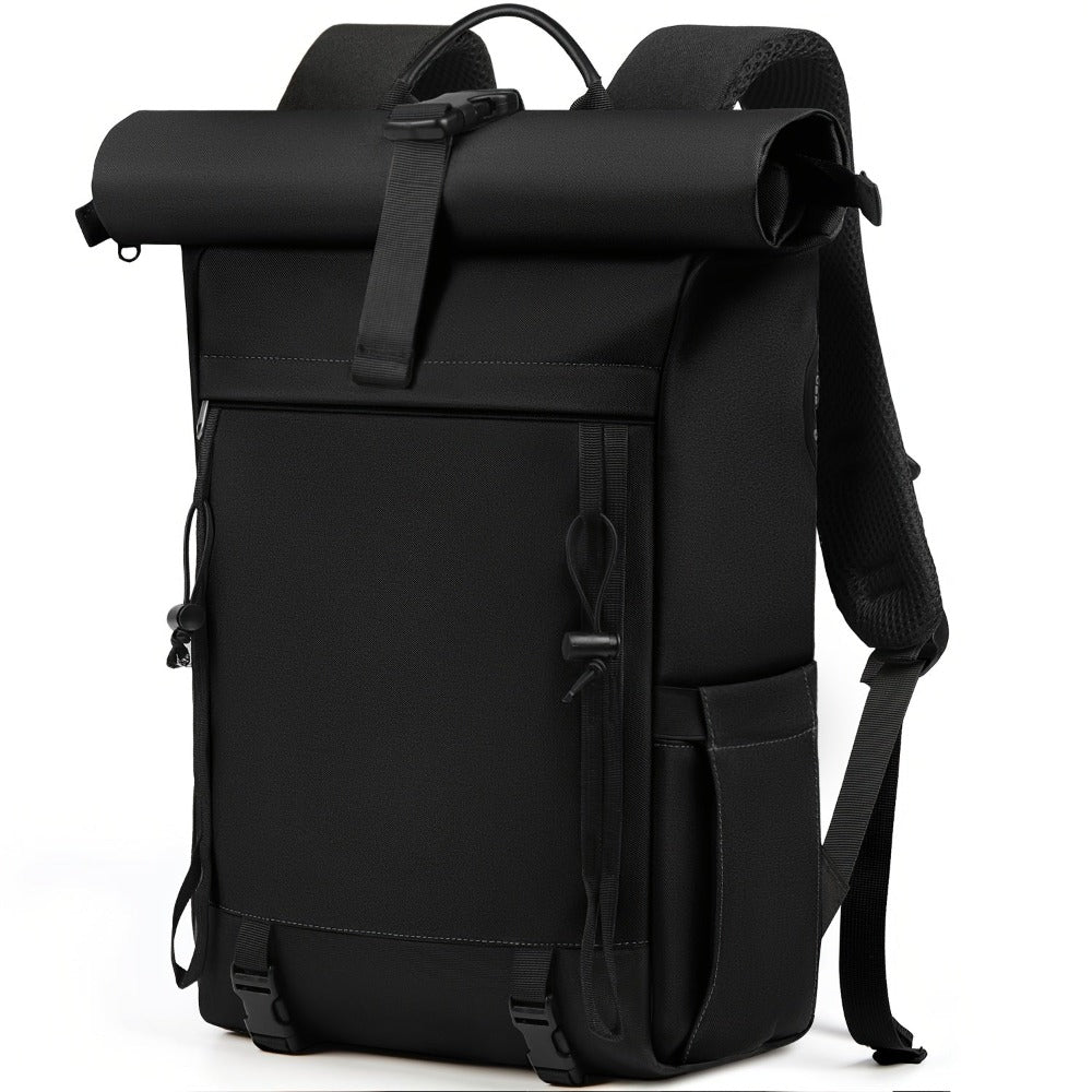 RAINSMORE Mochila Rolltop para Mujeres y Hombres, Mochila Portátil 43.18 cm, Gran Mochila de Viaje, Mochila de Senderismo Negra, Talla L