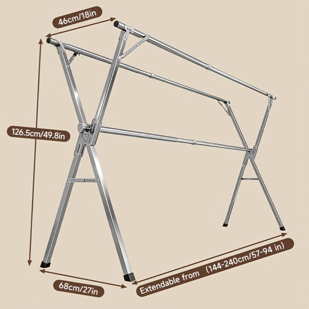 Tendedero de ropa telescópico plegable de marco en X de alta resistencia de 200.03cm/240.03cm, tendedero de lavandería retráctil de acero inoxidable independiente con clips a prueba de viento y para calcetines, ahorro de espacio para uso en interiores y e