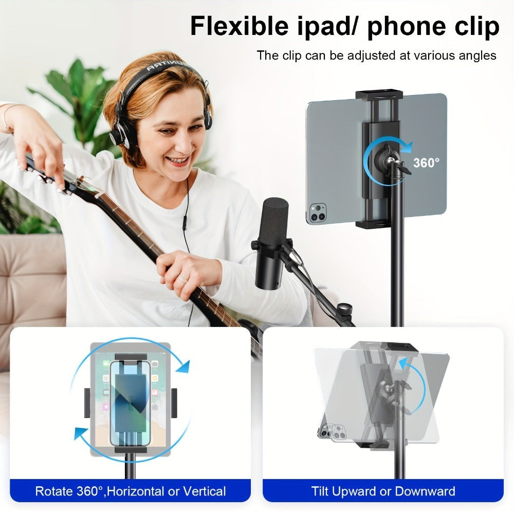 Soporte de Micrófono Profesional Aokeo con Trípode Ajustable, Soporte para Tableta y Bolsa de Transporte - Construcción de Hierro Negro, Conector XLR, Ideal para Actuaciones, Canto y Discursos, Equipo de Audio Profesional | Soporte de Micrófono Ajustable