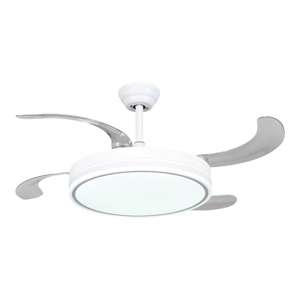 Ventilador de techo con Blanco en 3 Temperaturas de con Mando a Distancia -Motor DC Eficiente y Silencioso, 3 tonalidades, aspas desplegables retráctiles, 6 velocidades, control remoto, memoria, temporizador, silencioso y bajo consumo.