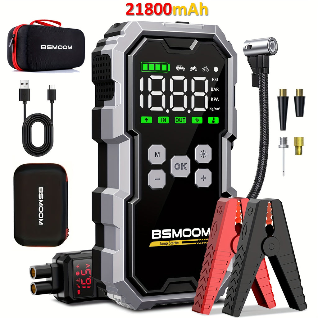 Inflador de neumáticos y arrancador de coche con compresor de aire, impulsor de batería de 8000A, power bank y luces LED. Esta caja de arranque automático de 12V es adecuada para todos los vehículos de gasolina o diésel de 10.0L y viene con una funda de t