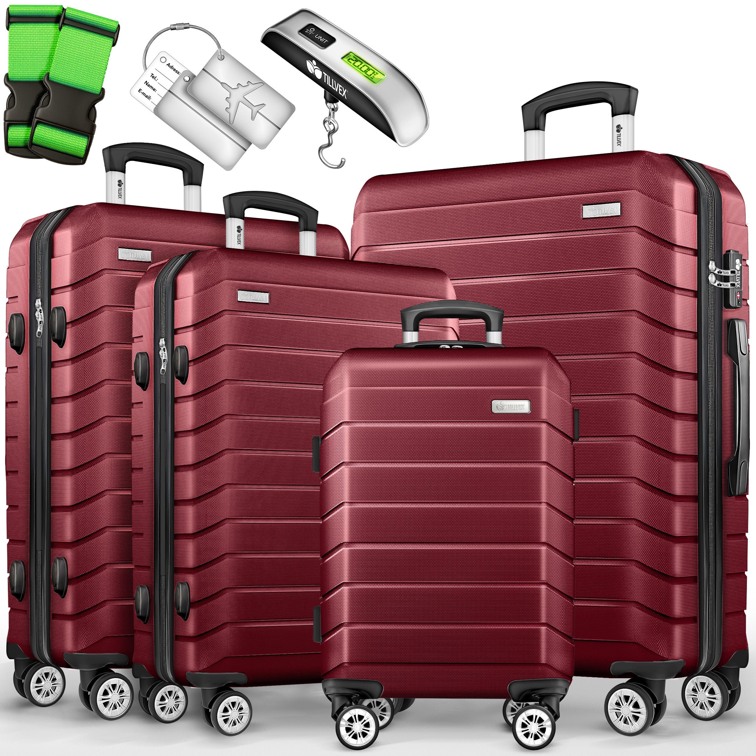 Tillvex® Juego de Equipaje de Viaje con Báscula, Correas y Etiquetas | Maleta de 4 Ruedas | Equipaje con Candado TSA | Juego de Maletas de Carcasa Dura