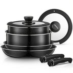 Juego de ollas y sartenes antiadherentes de 8 piezas, juegos de cacerolas con mangos desmontables, juego de utensilios de cocina apilables para todas las placas de cocción