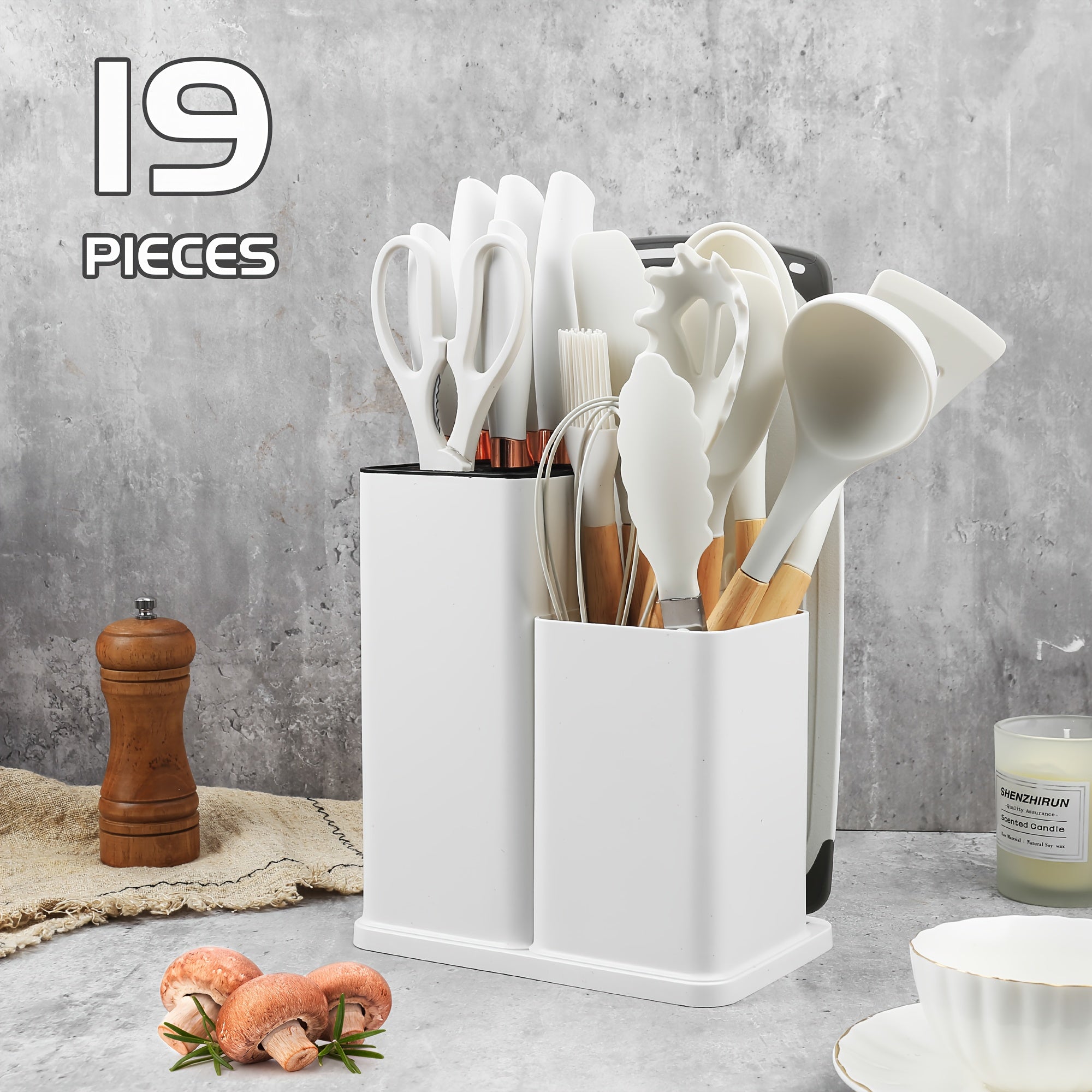 Juego de 19 piezas, Cuchillo de cocina, Juego de cocina, Juego de utensilios de cocina (Con mangos de madera), Juego de cocina de seguridad, Juego de herramientas de cocina antiadherentes, Utensilios de cocina modernos lavables, Utensilios de cocina, Adec