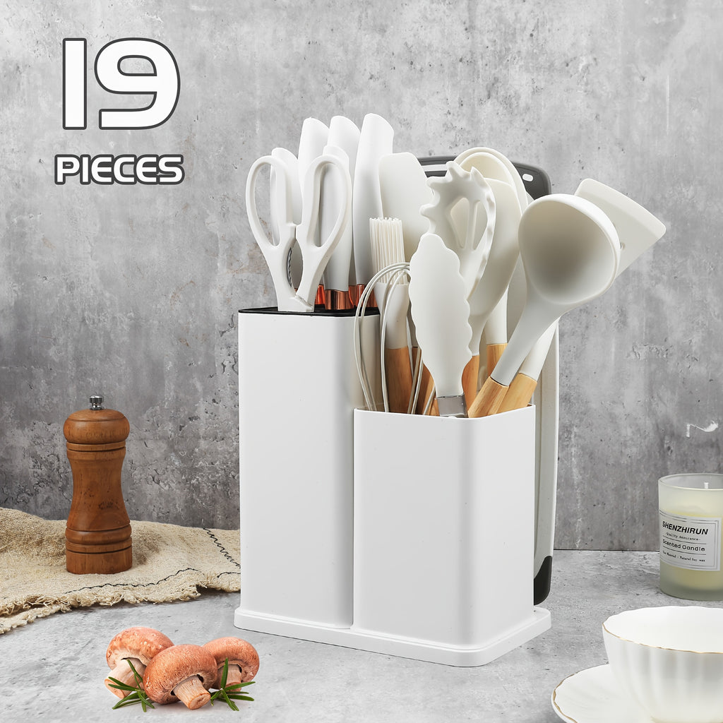 Juego de 19 piezas, Cuchillo de cocina, Juego de cocina, Juego de utensilios de cocina (Con mangos de madera), Juego de cocina de seguridad, Juego de herramientas de cocina antiadherentes, Utensilios de cocina modernos lavables, Utensilios de cocina, Adec