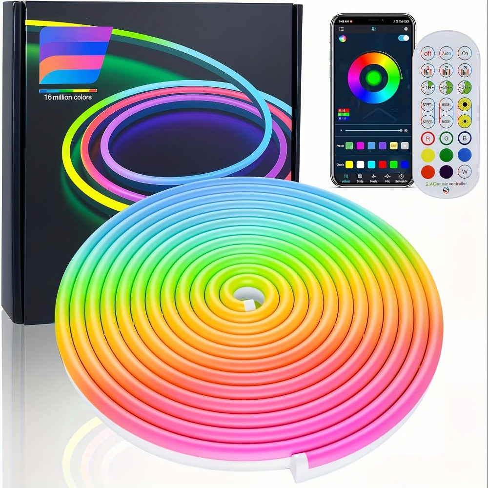 Tira de luz LED neón regulable de 5/10 metros, función, tira de luz neón RGB para juegos con sincronización de música controlada por aplicación, fuente de alimentación estándar europeo, adecuada para uso en interiores, cocina, sala de estar, techo de dorm