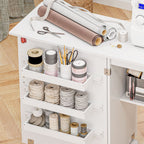 Mesa de costura plegable HOMCOM con tablón abatible, contenedores de almacenamiento, estante abierto y ruedas, gabinete para máquina de coser para sala de estar, oficina, estudio, dimensiones 118 x 40 x 79.5 cm, blanca
