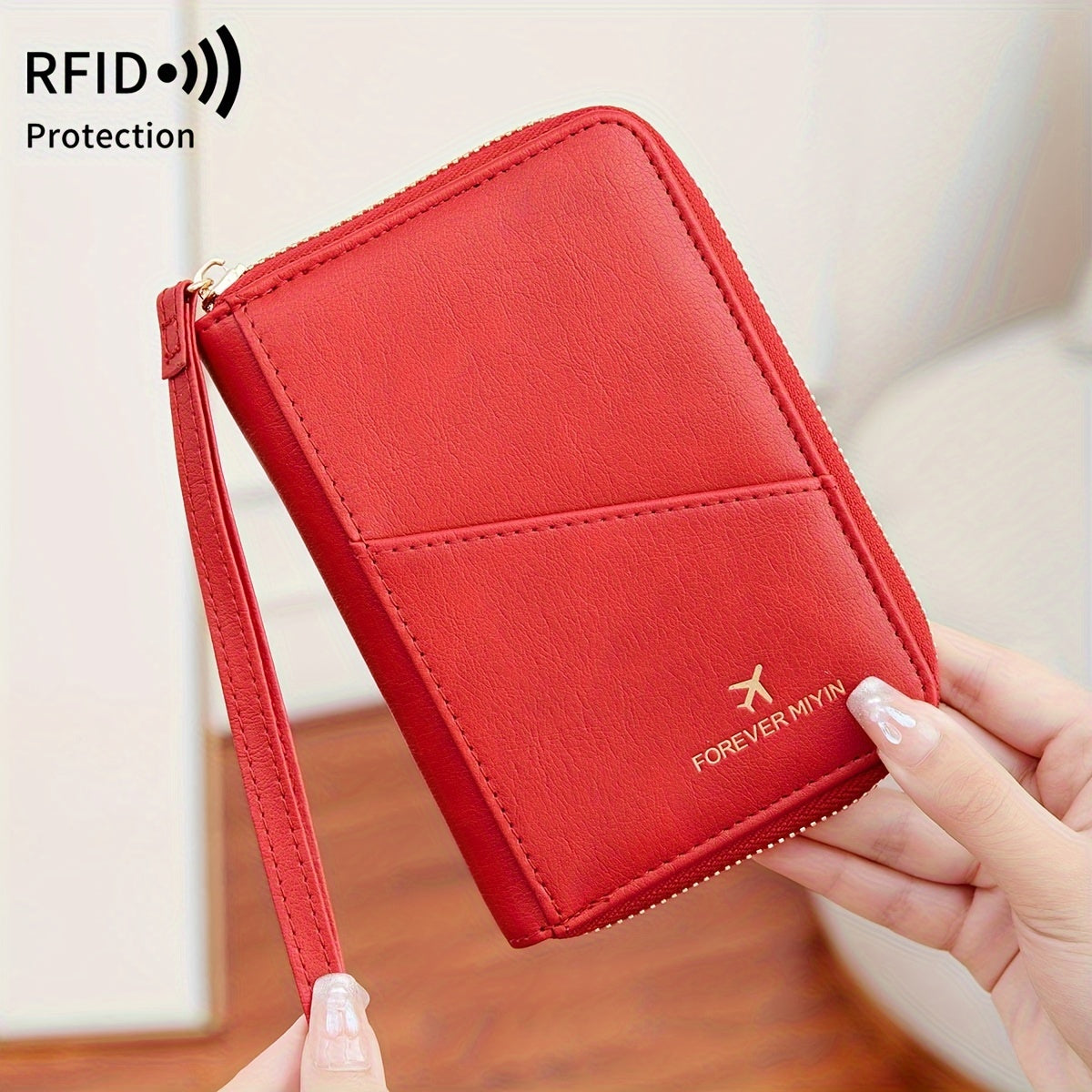 Portapassaporte RFID con cremallera y correa de muñeca, bolsa de almacenamiento multifuncional portátil para viajes, pasaporte y documentos, tarjetero
