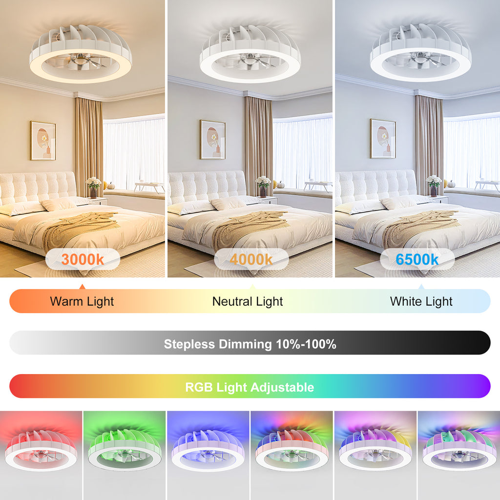 Ventilador de techo Ateroll con iluminación, diámetro 46 cm, ventilador de techo RGB con luz y control remoto, 6 niveles de viento, 3000 K - 6500 K, LED regulable, temporizador silencioso, luz de techo con ventilador para dormitorio, sala de estar