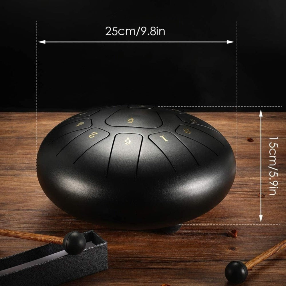 Tambor de lengüetas de acero de 10 pulgadas con 11 notas, completo con mazos de tambor, una bolsa de transporte y palillos de notas para terapia del sonido, meditación y yoga