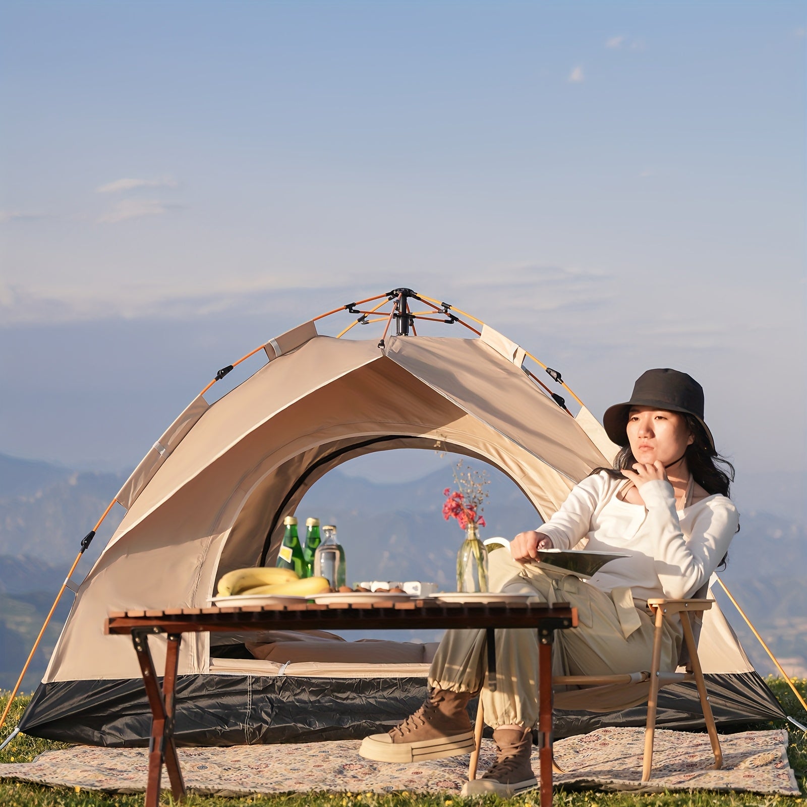 PAKICETUS Carpa de Apertura Rápida para Exteriores - 1-2/3-4 Personas, Carpa para Todas las Estaciones, Doble Puerta con Ventilación Mejorada, Ligera y Resistente al Viento en Gris/Amarillo, Ideal para Camping, Senderismo, Accesorios para Campistas, Carpa