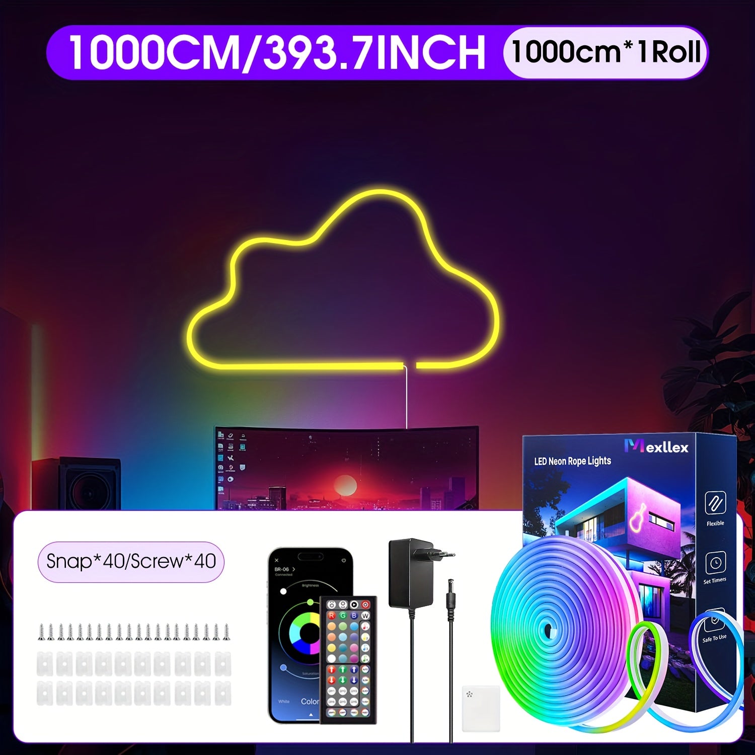 Tira de luz LED neón de 5M/10M/15M/20M/30M, 24V, control remoto/aplicación, tira de luz RGB flexible, IP67, ideal para dormitorio, habitación y decoración exterior