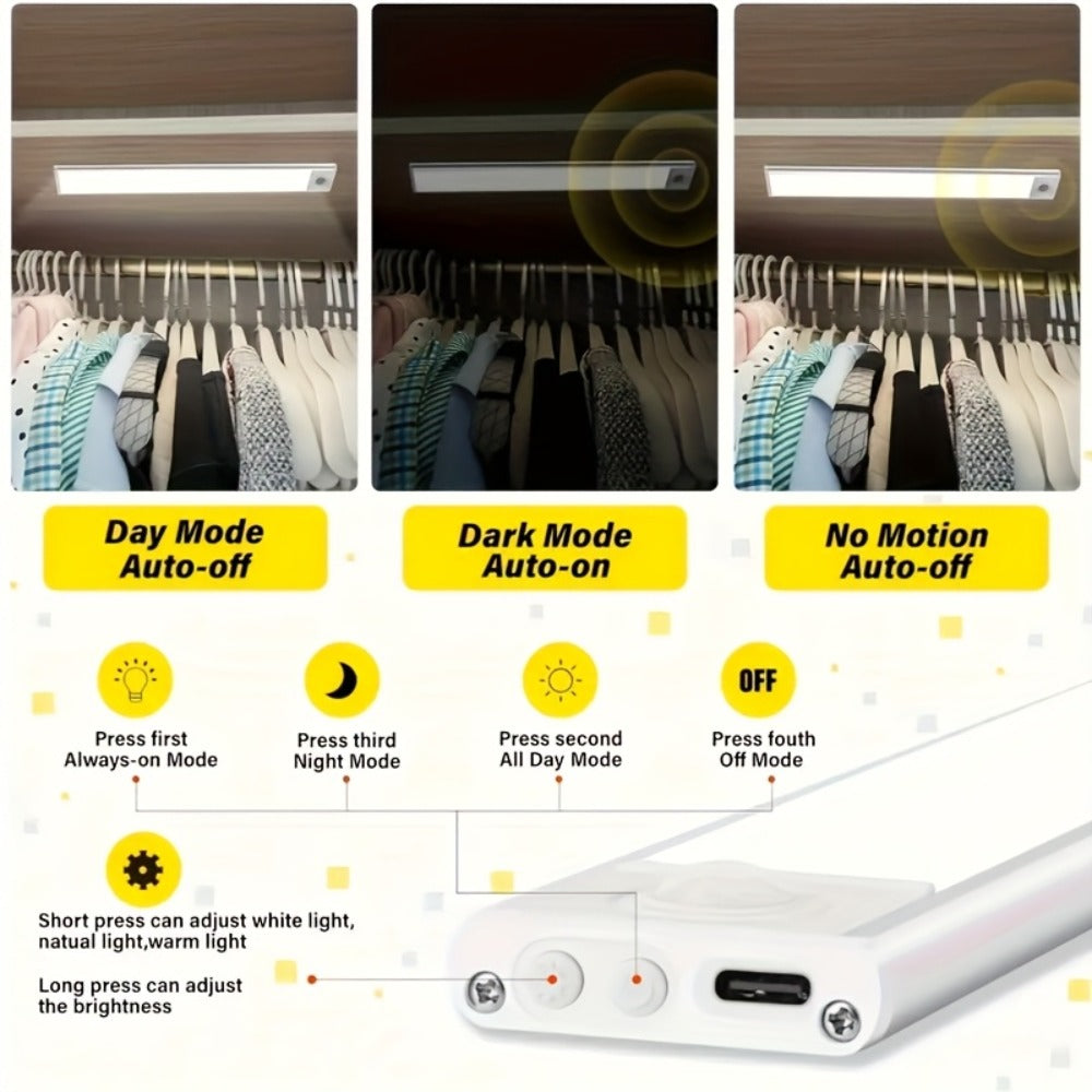 1/2 piezas Luces LED Bajo Gabinete - Carcasa Blanca, Recargable, 3 Colores Regulables, Sensor de Movimiento PIR Humano, 3 Modos de Iluminación, Adhesivo Magnético, Funciona con Batería, Iluminación Portátil de Cocina para Armarios, Encimeras y Estantes, I