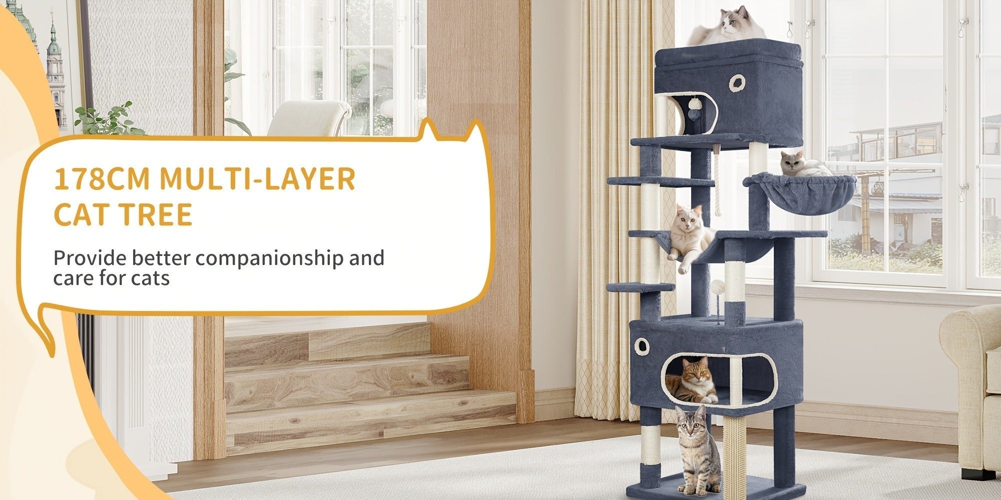 Rascador para Gatos, Árbol de 178 cm con Plataforma Grande, 2 Cuevas, 7 Postes Rascaresos, Pompones, Reposaderos y Hamaca, Adecuado para Todas las Razas de Gato, Gris Claro