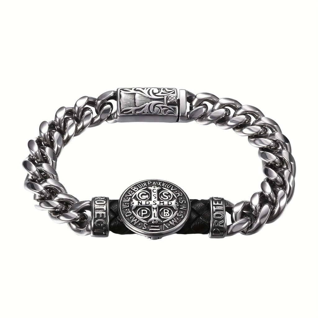 Correa de San Benito: Cadena Cubana de Acero Inoxidable de 9 Pulgadas con Medalla de San Benito - Correa Católica para Hombres, Cadena Pesada Plateada Estilo Biker