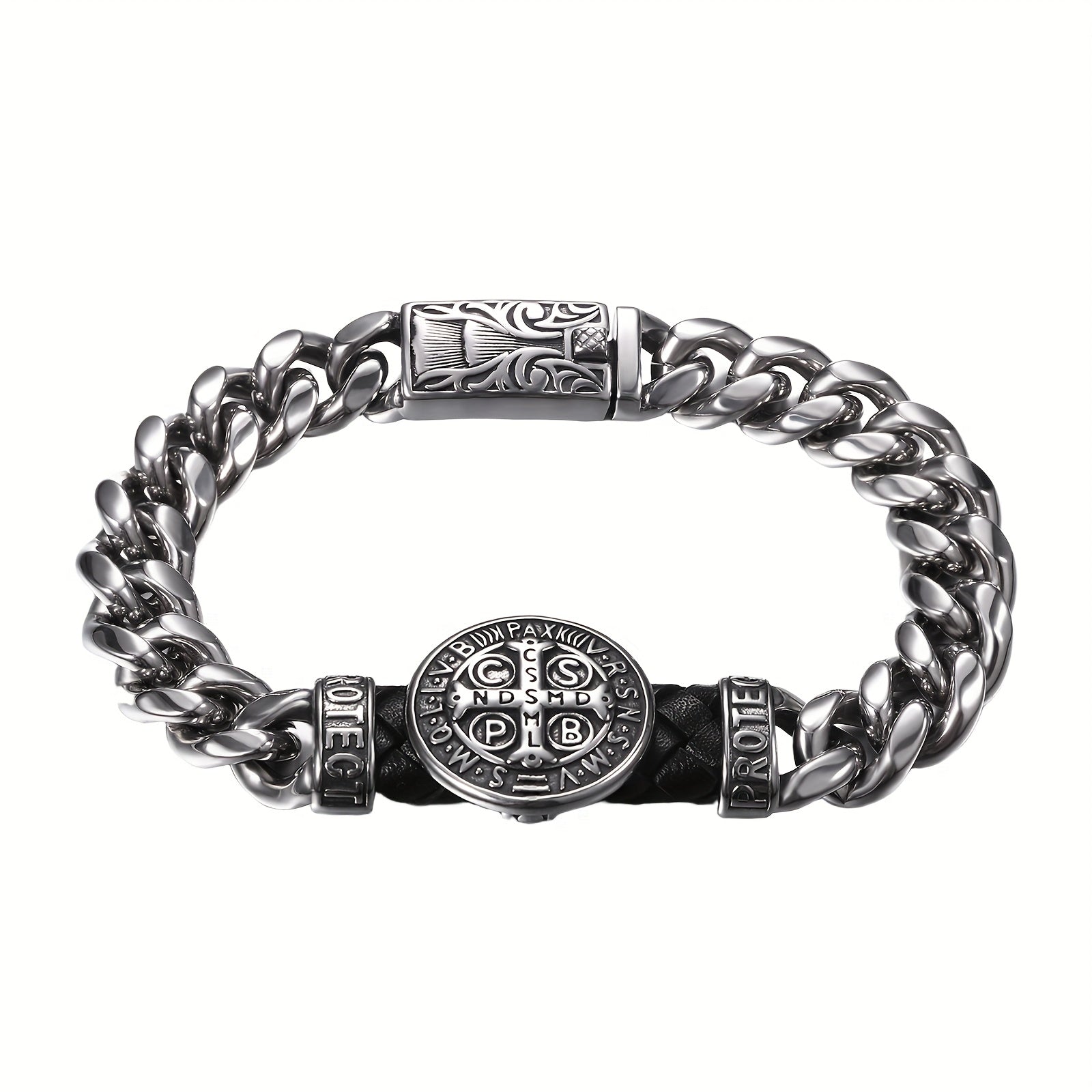 Correa de San Benito: Cadena Cubana de Acero Inoxidable de 9 Pulgadas con Medalla de San Benito - Correa Católica para Hombres, Cadena Pesada Plateada Estilo Biker