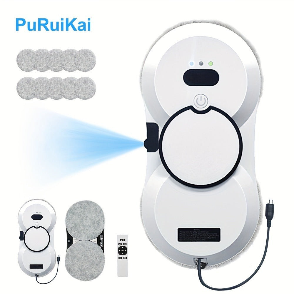 Puruikai 10 Nuevo Producto Navideño Almacenamiento Local Robot de Limpieza de Ventanas Inteligente, Disponible en Blanco y Negro, Robot de Limpieza de Ventanas con Spray Automático y Control Remoto, Potente Succión con Seguridad Anticaída, Ahorra Tiempo y