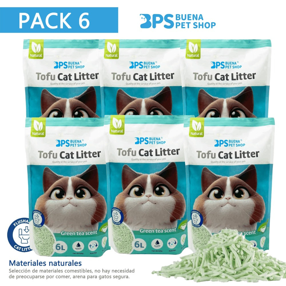Arena de Tofu para Gatos 6L - Sin Polvo Fácil de Aglomerar y Controla Olores - y Segura para Gatitos - Pack de 6 Bolsas