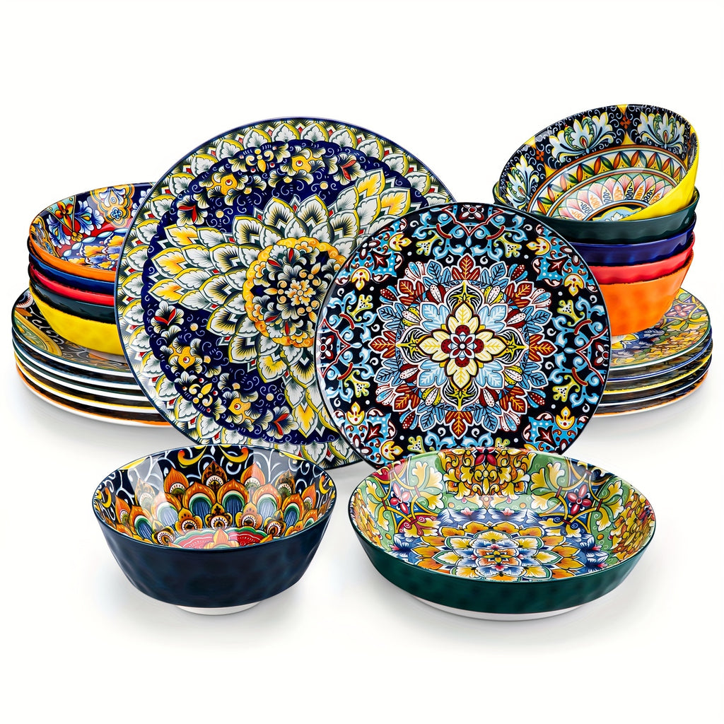 Juego de 24 Piezas de Vajilla Estilo Bohemio con Plato Principal, Platos para Postre y Tazones para Pasta o Cereal, Servicio para 6 Personas