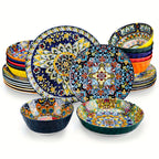 Juego de 24 Piezas de Vajilla Estilo Bohemio con Plato Principal, Platos para Postre y Tazones para Pasta o Cereal, Servicio para 6 Personas