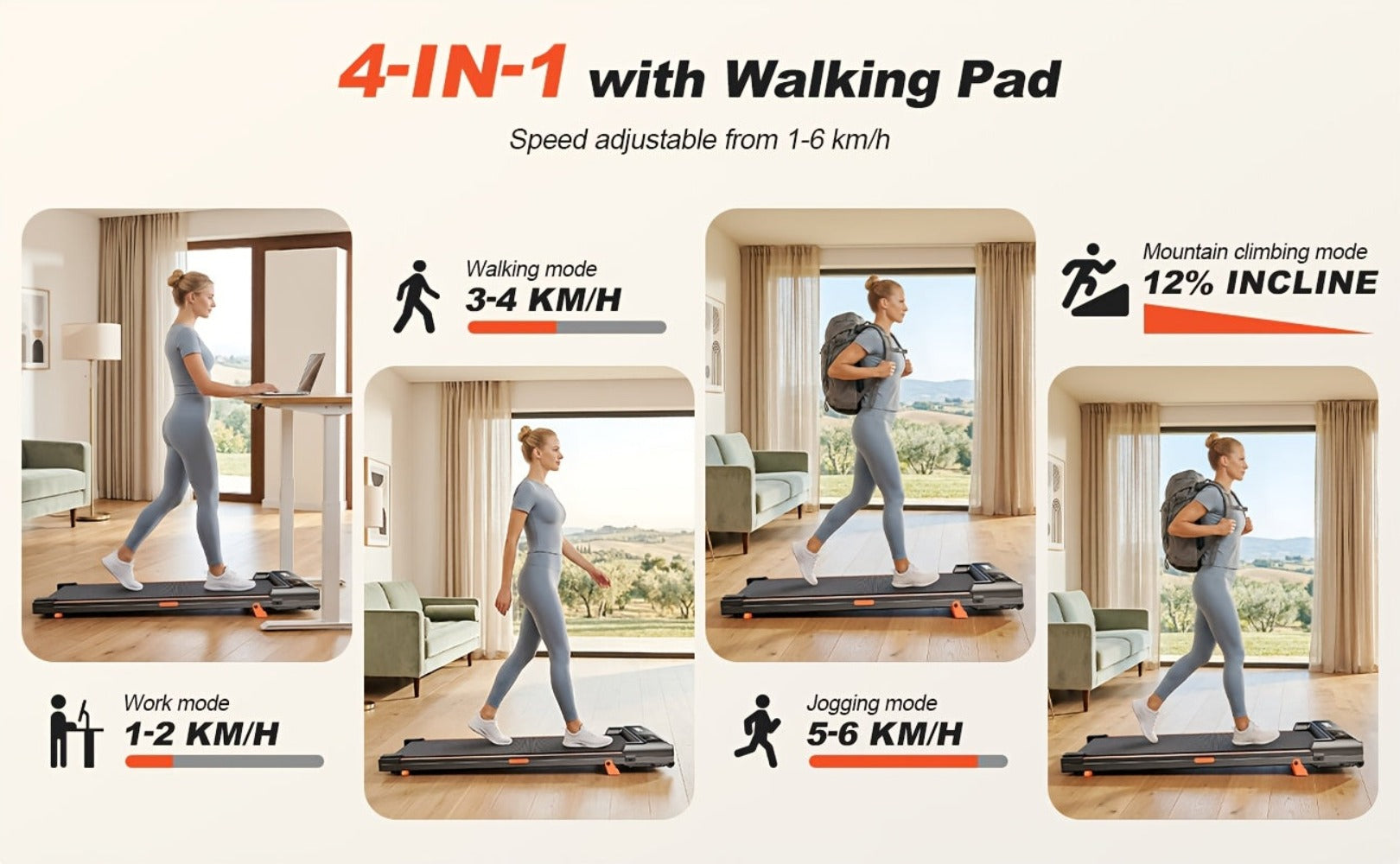 Alfombra de caminar con inclinación del 12%, quema 50% más de calorías, alfombra de caminar para escritorio, máquina de caminar portátil silenciosa de 30Db con carga de 100KG para fitness en casa, sin batería