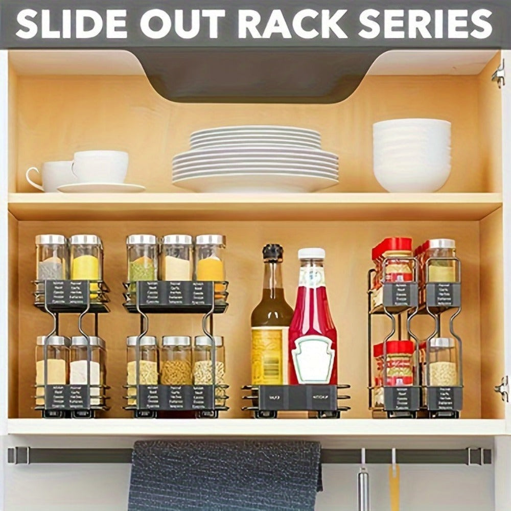 1 pza. Estante extraíble para especias de cocina con doble deslizamiento en color negro - Almacenamiento de especias que ahorra espacio con estante multiusos para encimera y armario - Amplía el almacenamiento con doble capa y elegante acabado en negro
