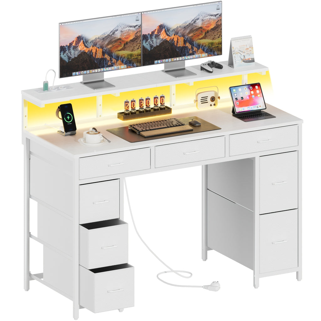 Escritorio para Gaming con 8 Cajones de Tela, Soporte para Monitor con Luz LED, Regleta Europea (2 AC/2 USB), Tapa de Madera, Patas Ajustables para Oficina en Casa/Sala de Juegos