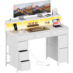 Escritorio para Gaming con 8 Cajones de Tela, Soporte para Monitor con Luz LED, Regleta Europea (2 AC/2 USB), Tapa de Madera, Patas Ajustables para Oficina en Casa/Sala de Juegos