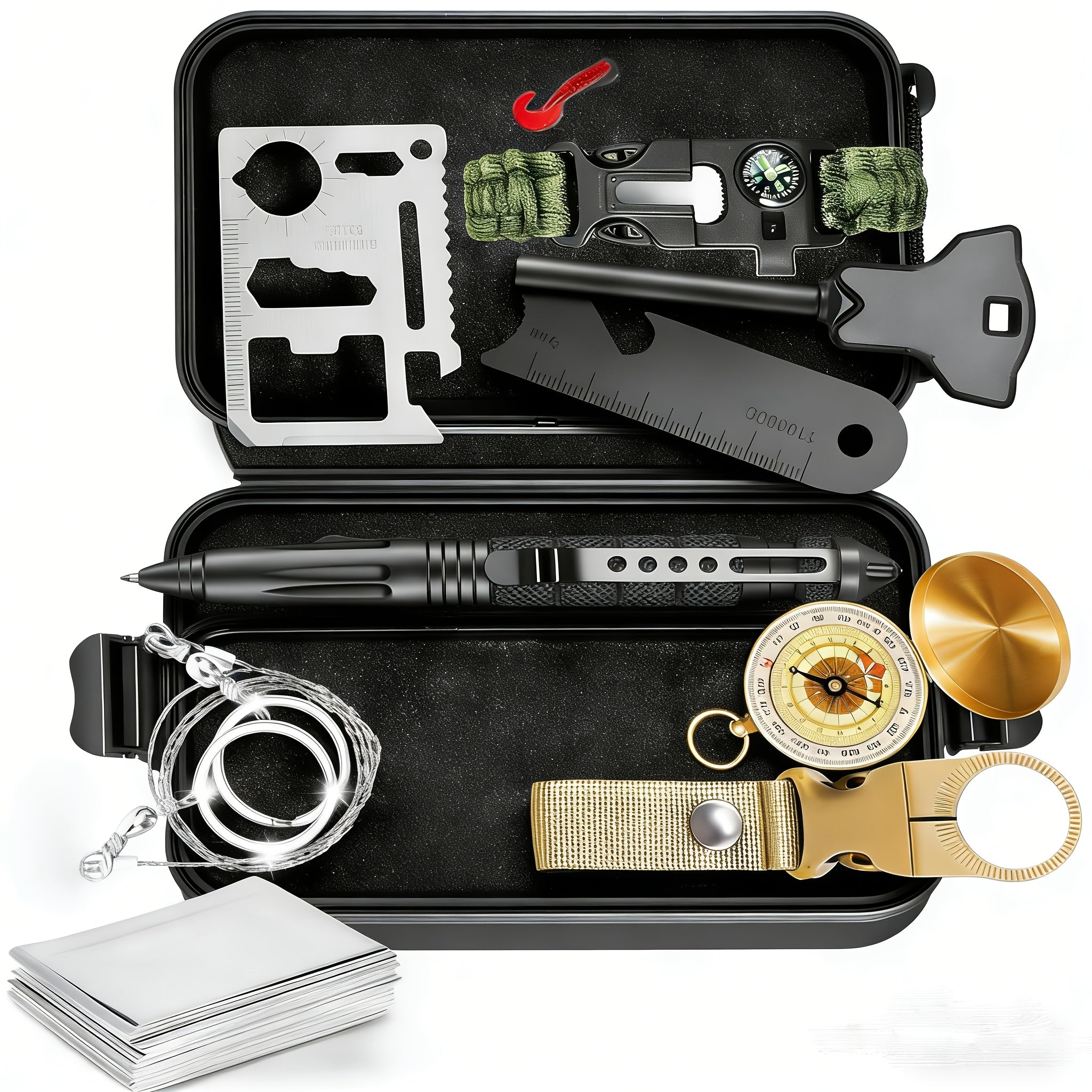 Kit de herramientas todo en uno y para exteriores, equipo de exterior resistente / hacha, pala, correa tipo pulsera de paracaídas y suministros para camping, senderismo, caza
