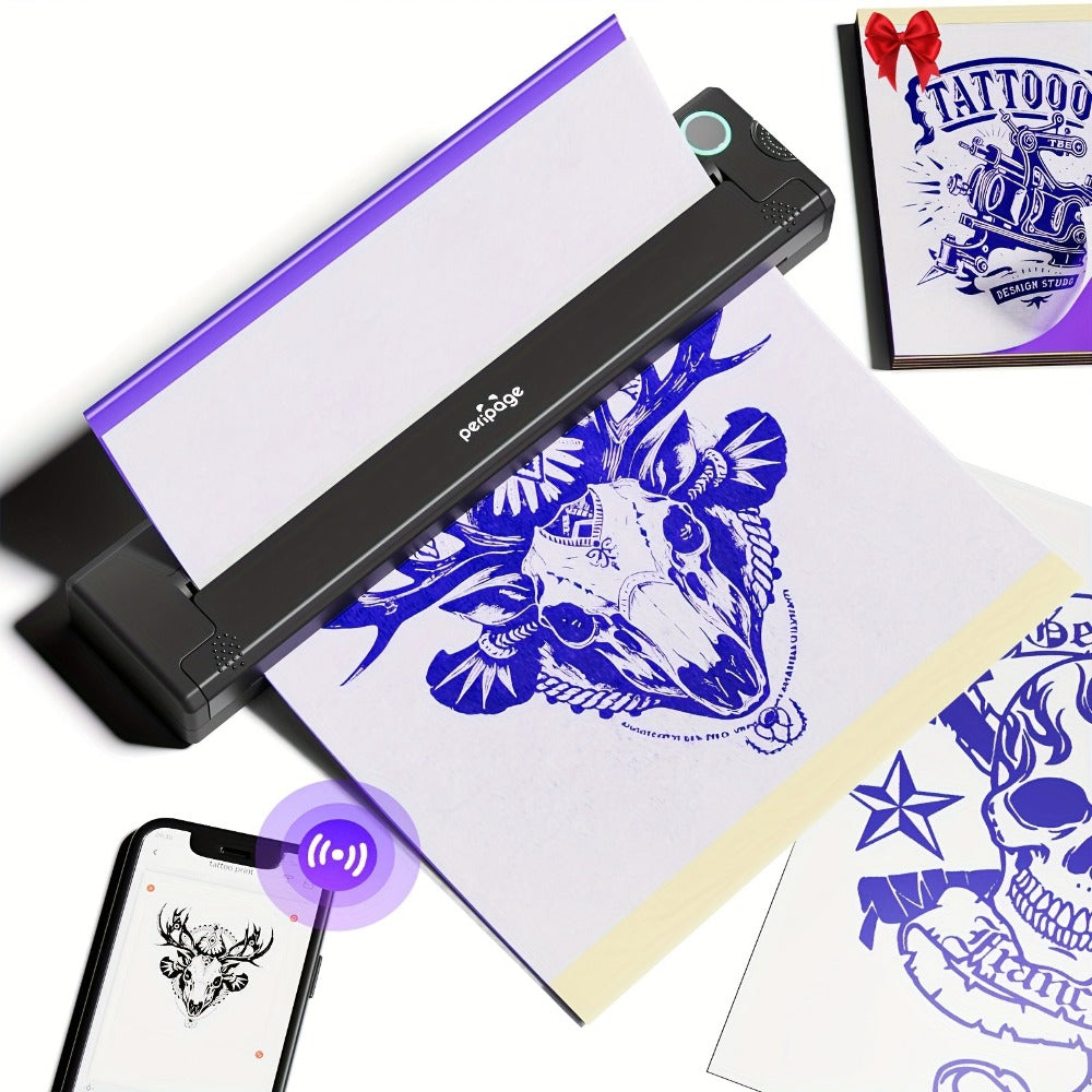 Impresora térmica de transferencia de tatuajes DIY Peripage, 1 pieza con 5 hojas de papel de transferencia A4, mini impresora portátil compatible con smartphones y computadoras iOS y Android para tatuadores y principiantes