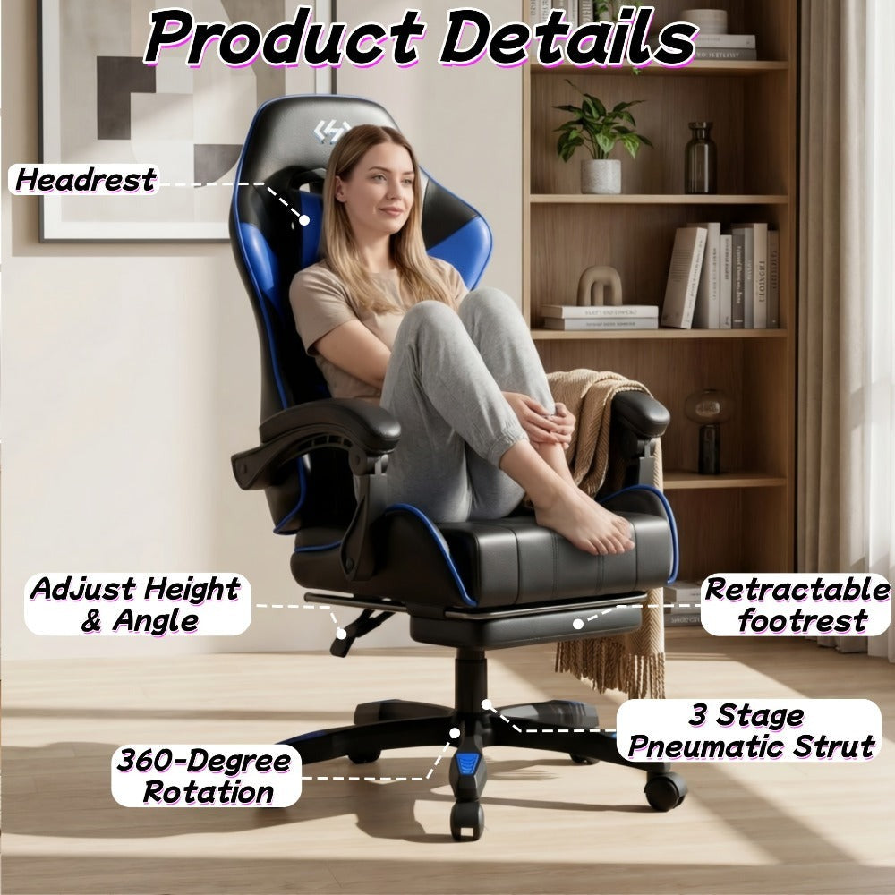 Silla de gaming ergonómica, silla de oficina con altura y respaldo ajustables, silla de oficina para computadora con soporte lumbar, reposapiés y reposacabezas, silla de gaming giratoria 360° con reposabrazos articulados
