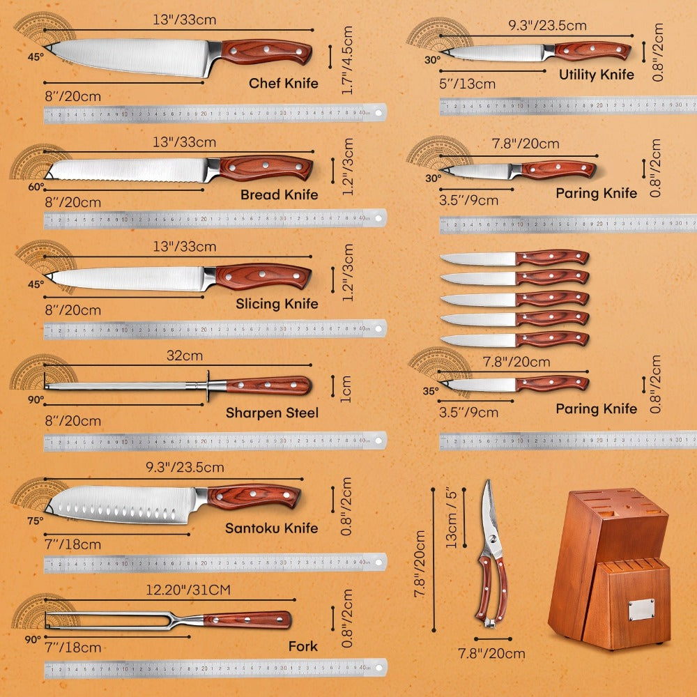 16 piezas de complementos de cocina, juego de cocina, artículos de cocina, con mango de madera, juego de acero inoxidable con bloque de madera, electrodomésticos y complementos de cocina profesionales con acero de afilar, regalo de Navidad ideal para madr
