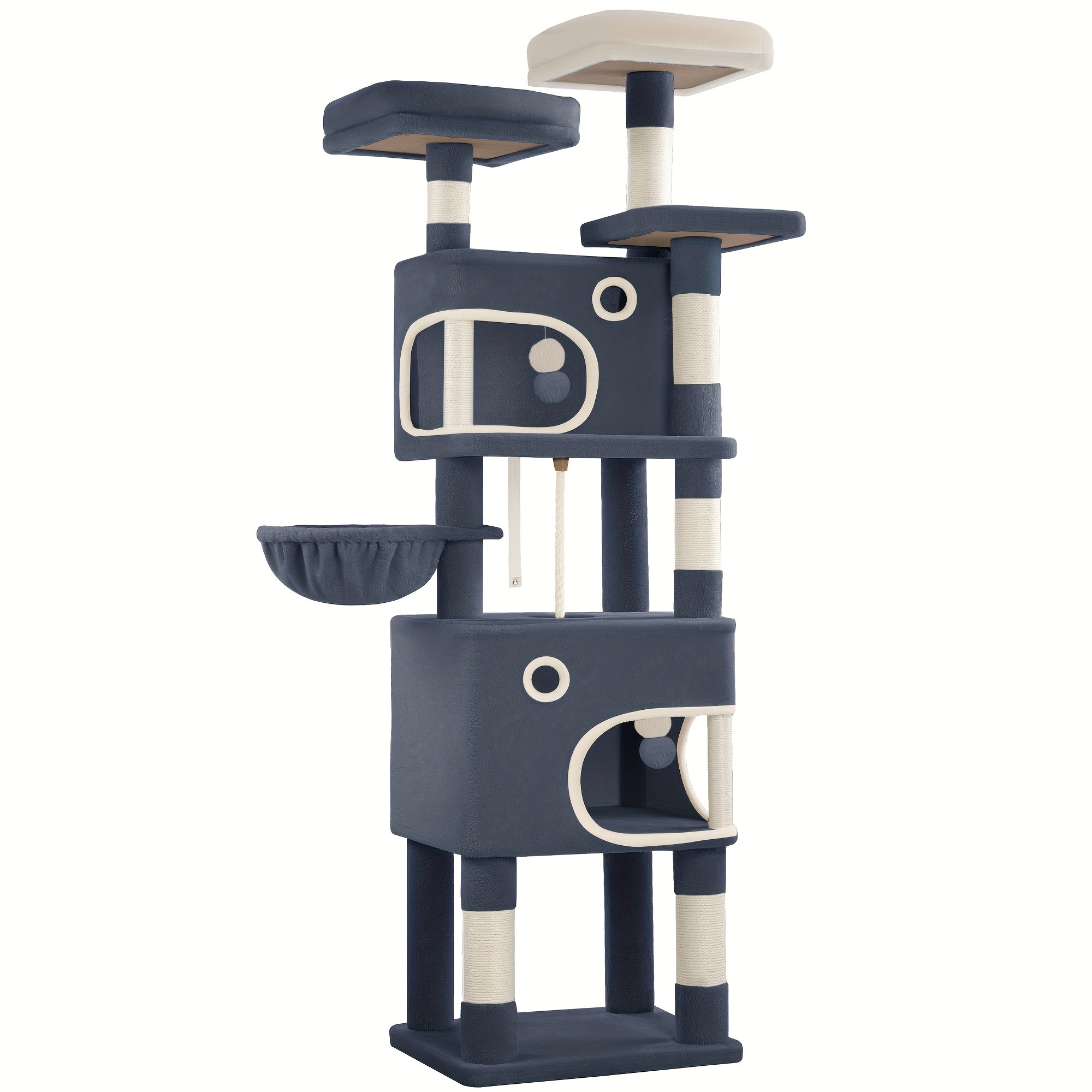 Árbol para Gatos, 180 cm con 8 Postes para Rascar, 3 Plataformas, 2 Cuevas, Cesta, Pelotas de Peluche, Cuerda de Sisal, Adecuado para Gatos de Varios Tamaños, Beige/Gris Claro/Gris Oscuro